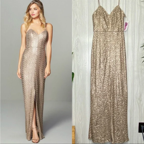 Amsale | Dresses | New Amsale Samantha Spaghetti Strap V Neck Sequin Gown  Bhldn Size 6 Nwt | Poshmark